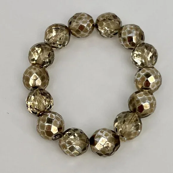 Faceted Czech Glass Fire Polished Gray Gold Crystal Chunky Bead Stretch Bracelet - Picture 2 of 16